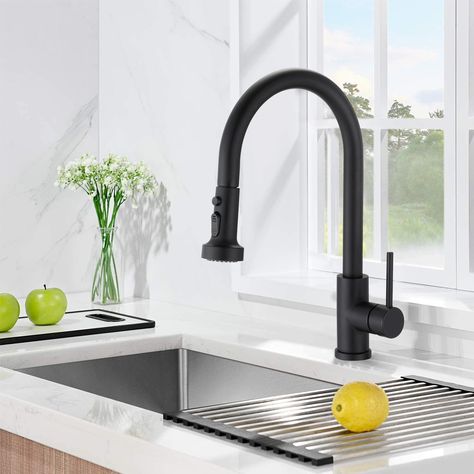 The streamlined and elegant Kitchen Faucet With Pull Down Sprayer features a distinctively modern design with universal appeal. High Arc Kitchen Faucet, Modern Basin, Pull Down Kitchen Faucet, Kitchen Faucet With Sprayer, Stainless Sink, Black Faucet, Pull Out Kitchen Faucet, Black Kitchen Faucets, Vessel Sink Faucet