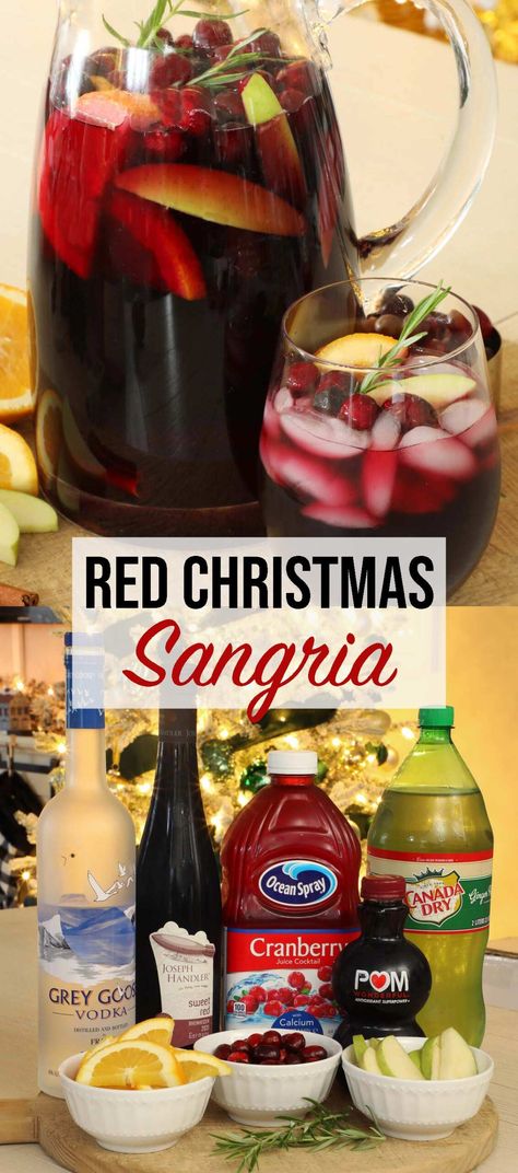 Red Christmas sangria is a festive twist on a red wine sangria with vodka, cranberry and pomegranate. This makes a perfect holiday cocktail! Christmas Cranberry Vodka Slush, Nonalcoholic Christmas Sangria, Ruby Red Vodka Drinks Recipe, Cranberry Sangria Thanksgiving, Sangria Recipes With Vodka, Christmas Party Cocktails Big Batch, Christmas Shooters Holiday Drinks, Dirty Santa Drink, Red Christmas Cocktails