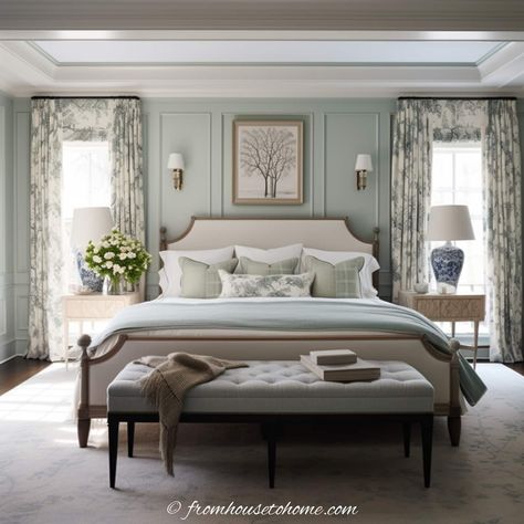 A two-toned bedroom with light green walls and cream trim and furniture Blue Green Bedrooms, Light Green Bedrooms, Bedroom Color Combination, Bedroom Traditional, Country Bedroom, Traditional Bedroom, Bedroom Green, Decoration Inspiration, Blue Bedroom