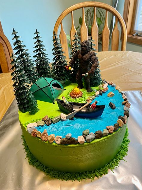 Outdoors Themed Cake, Camping Cake Ideas Simple, Outdoors Cake For Men, Camping Grooms Cake, Sasquatch Birthday Cake, Compass Birthday Cake, Outdoorsy Cake Ideas, Sasquatch Cake Ideas, Camp Cake Ideas