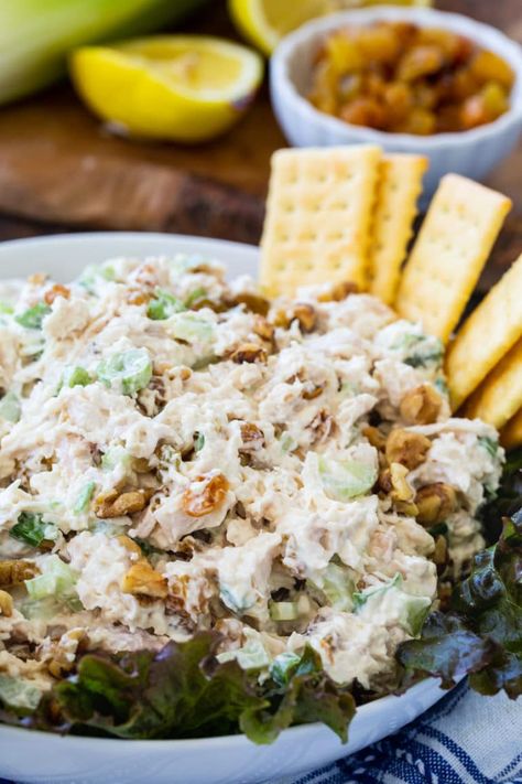 Golden Chicken Salad with golden raisins and walnuts Chicken Salad Recipe With Raisins, Chicken Salad With Celery, Salad With Golden Raisins, Sonoma Chicken Salad, Creamy Chicken Salad, Spicy Southern Kitchen, Raisin Recipes, Golden Chicken, Spinach Ricotta