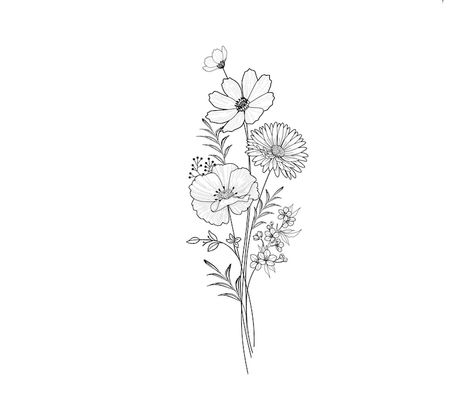 4 Birth Flower Tattoo, Tattoo Ideas Floral Simple, Birth Flower Tattoos Simple, Black And White Flower Bouquet Tattoo, 4 Birth Month Flower Tattoo, Flower Bouquet Tattoo Hip, October Flower Bouquet Tattoo, Carnation And Daisy Flower Tattoo, Flower Bouquet Tattoo Sleeve