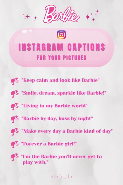 Barbie Instagram captions and quotes for instagram posts and stories, barbie girls captions for instagram, barbie motivational quotes, barbie inspired captions for instagram, barbie girls captions, barbie trend Barbie Aesthetic Qoutes, Barbie Bio Instagram, Instagram Captions Barbie, Barbie Doll Captions For Instagram, Barbie Motivational Quotes, Barbie Insta Captions, Hello Kitty Captions Instagram, Barbie Hashtags, Barbie Ig Captions