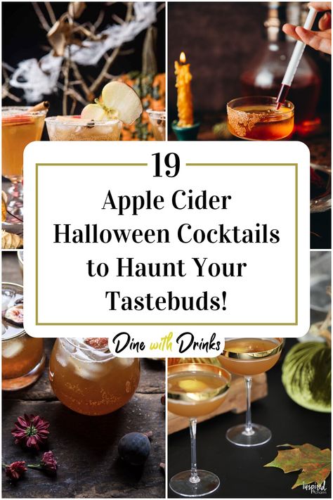 Collage of 4 apple cider halloween cocktails. Halloween Cider Cocktails, Apple Halloween Cocktail, Halloween Cocktails Apple Cider, Halloween Apple Cider Cocktail, Apple Cider Drinks Alcohol, Halloween Party Drinks Alcohol, Apple Cider Cocktail Recipes, Halloween Cider, Apple Cider Cocktails