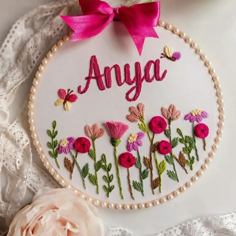 Baby name embroidery handmade hoops ❄️💖 . . Dm us for order 🎁 . . Embroidery Designs Names, Baby Hoop Embroidery, Embroidery For Baby Girl, Embroidery Name Designs, Baby Name Embroidery Hoop, Baby Embroidery Hoop, Baby Name Embroidery, Gift Embroidery, Embroidery Hoop Art Diy