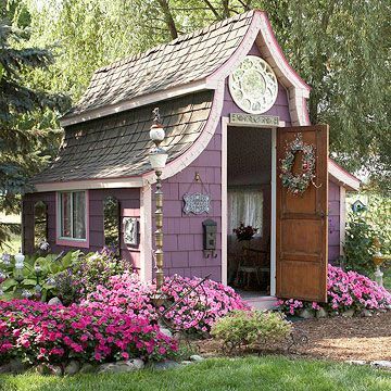 So, I want something like this (once we buy a house) for my back yard - not in lavender.. (maybe something that looks like the TARDIS) but an efficiency guest house for friends and family to come visit!!! Shed Playhouse, Backyard Playhouse, Purple Garden, Potting Sheds, She Sheds, Hus Inspiration, Potting Shed, She Shed, Garden Structures