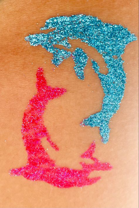 Blue And Pink Tattoo, Pink Dolphin Tattoo, Dolphin Tattoo, Dolphins Tattoo, Pink Tattoo, Blue Dolphin, Sarah Cameron, Summer Tattoo, Glitter Tattoo