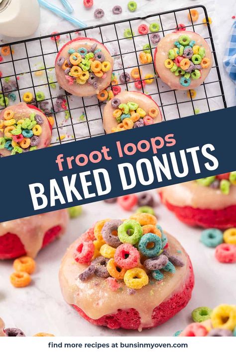 Fruit Loop Donuts are so fun to make and even more fun to eat! Fruit Loop Treats, Homemade Donut Glaze, Cereal Donuts, Best Donut Recipe, Froot Loop, Fruit Loops Cereal, Biscuit Donuts, Cake Donuts Recipe, Fun Breakfast