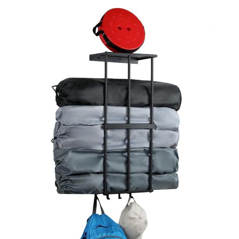 PRICES MAY VARY. metal Widely Applicable Space Saving ：The wall mounted garage storage is designed to make full use of unused wall space. It can be used to organize camping chairs, tents, umbrellas, yoga mats,etc. There are 4 hooks at the bottom to conveniently hang hiking bags, hammock bags, ropes, etc. The shelf at the top can create extra storage space to store small items. Widely used in garages, basements, storage rooms, gyms, or bathrooms by improving space utilization and making it look c Camp Chair Storage, Small Garage Organization, Garage Storage Inspiration, Gear Room, Garage Storage Racks, Small Garage, Camping Storage, Garage Organize, Camping Organization