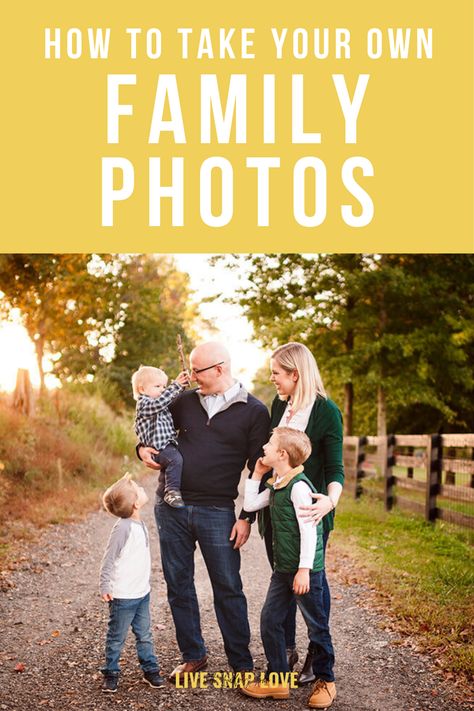 DIY family pictures with this step by step guide to taking your own family photos. Get family photo tips and more! How To Photograph People Outside, Easy Diy Family Photo Shoot, Diy Family Of 3 Photos, Self Portrait Family Photography, Taking Your Own Family Photos, How To Take Family Photos Yourself Iphone, Family Self Portrait Ideas, Taking Your Own Pictures, How To Take Good Family Pictures