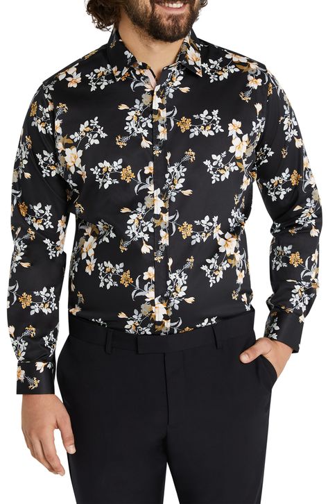 Johnny Bigg Miles Floral Button-Up Shirt available at #Nordstrom Suit With Floral Shirt, Floral Dress Shirt Men, Mens Floral Dress Shirts, Scattered Flowers, Floral Button Up, Floral Shirt Dress, Fashion Catalogue, Tailored Shirts, Floral Dress Black