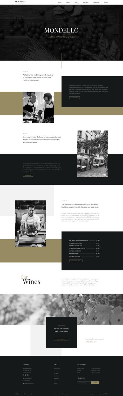 Website of a traditional Italian restaurant. White And Gold Website Design, Black White Gold Website Design, Italian Restaurant Website, Traditional Website Design, Black And Gold Website Design, Black And Gold Website, Gold Website Design, Black And White Website Design, Traditional Italian Restaurant