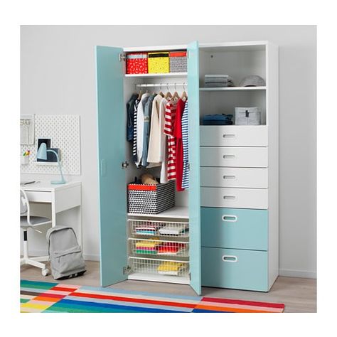 STUVA / FRITIDS Wardrobe - white/light blue, 120x50x192 cm - IKEA Dapur Ikea, Ikea Storage Furniture, Changing Table With Drawers, Armoire Ikea, Ikea Stuva, Pink Wardrobe, Bookcase With Drawers, Basket Drawers, Ikea Wardrobe