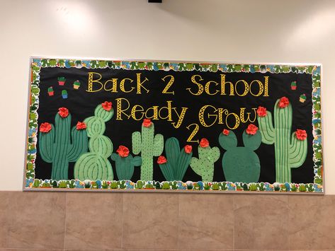 Cactus Themed Bulletin Boards, Together We Grow School Theme, Preschool Bulletin Boards For September, Plant School Theme, Plant Bulletin Board Preschool, Cactus School Theme, Plant Bulliten Board Ideas, Growing Classroom Theme, Plant Classroom Door Ideas