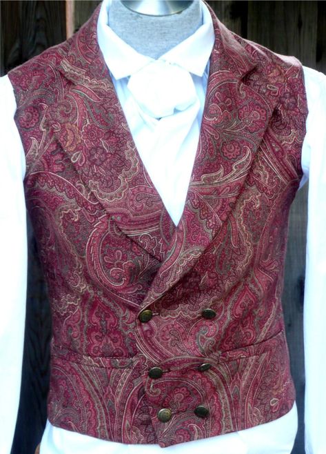 This Victorian Era waistcoat opens low on the chest, with a lovely double breasted button front, which closes with 6 buttons, your choice of matte gold silver, or self covered. Perfect for your Riverboat Gambler or Gunslinger at Deadwood.   It has 2 functioning waist pockets, is fully lined, and has an adjustable back belt   For a custom fit, we need to know your exact chest measurement and total height. This waistcoat is Made To Order, and ships within 3 - 4 weeks. The vest can be made in just Edwardian Waistcoat Mens, Victorian Mens Fashion Aesthetic, Edwardian Waistcoat, Bohemian Outfit Men, Victorian Mens Fashion, Victorian Vest, Mens Fashion Aesthetic, Groomsmen Vest, Victorian Cosplay