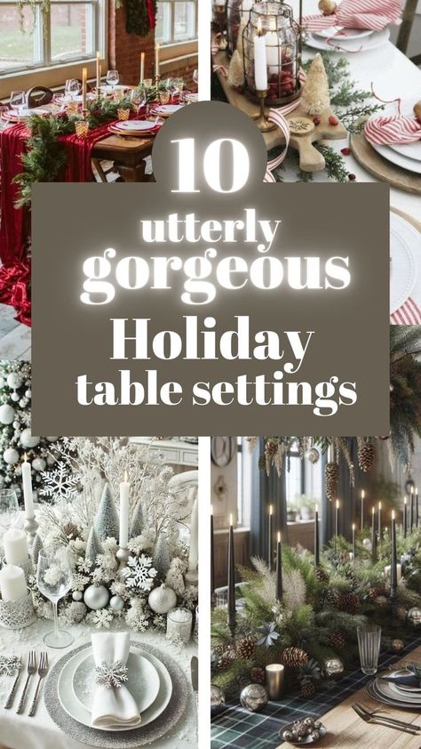 Creating beautiful Christmas table settings adds a festive touch to holiday gatherings, making meals feel extra special. Whether you prefer classic, rustic, or modern styles, thoughtful table décor enhances the holiday spirit. From elegant centerpieces to personalized touches, transform your table into a memorable, inviting space for loved ones. Here are 10 magical Christmas table setting décor ideas to get you started! Christmas Dining Room Table Decor, Christmas Table Settings Elegant, Christmas Tablescapes Elegant, Christmas Buffet Table, Christmas Dining Room Table, Elegant Christmas Dinner, Christmas Table Setting Ideas, Christmas Dinner Table Settings, Christmas Party Table Decorations