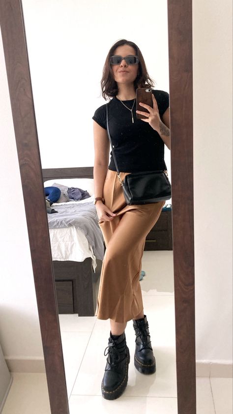 Black cotton shirt (Zara) + Bronze satin skirt (Mango) + Dr. Martens Jarrick II Bronze Skirt Outfit, Dr Martens Skirt, Dr Martens Jarrick Ii, Dr Martens Jarrick, Cinema Outfit, Brown Dr Martens, Dr Martens Outfit, Satin Skirt, Silk Skirt