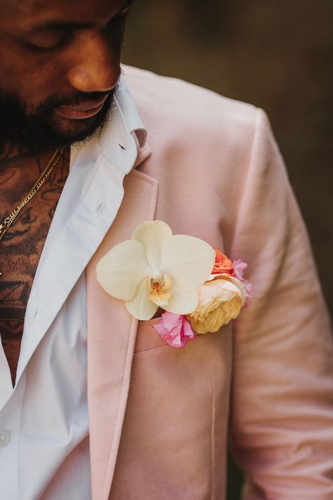 Pink wedding theme for Polstrong Manor wedding with groom in pink suit with orchid buttonhole Pink Button Holes Wedding, Pink Orchid Boutonniere, Pink Suit Groom, Pink Groom Suit, Orchid Buttonhole, Sparkly Reception Dress, Pink Theme Wedding, White Buttonhole, Tivoli Wedding