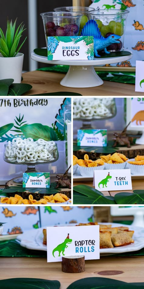 Dinosaur Birthday Party Food, Dinosaur Party Food, Dinosaur Food, Festa Jurassic Park, Dinosaur Birthday Theme, Dinosaur Birthday Party Decorations, Fest Temaer, Dinosaur Birthday Cakes, Food Cards