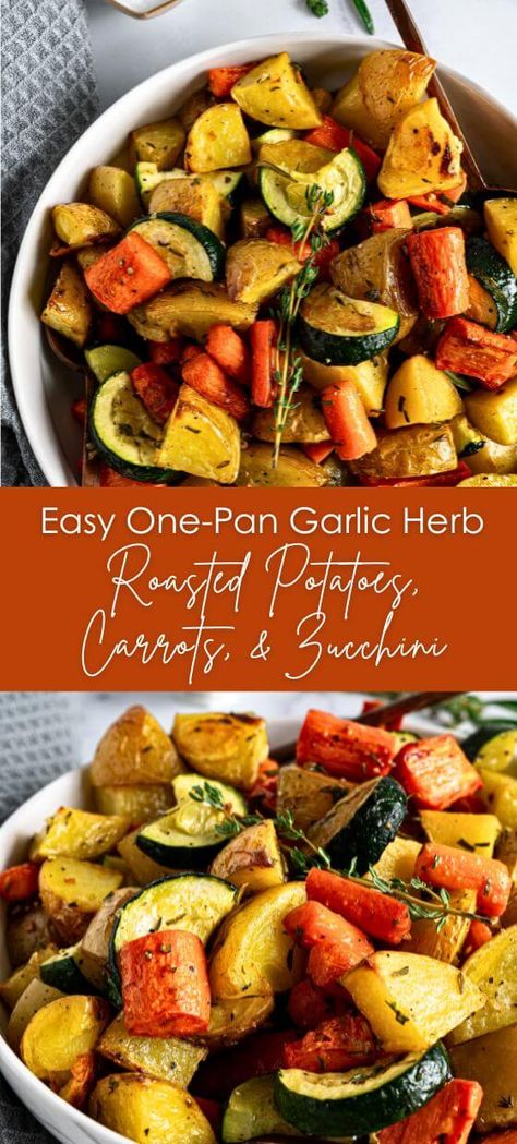 Easy One-Pan Garlic Herb Roasted Potatoes, Carrots, & Zucchini - Yummy and fully Carrot And Potato Recipes Oven Baked, Roasted Potatoes And Squash In Oven, Garlic Herb Roasted Potatoes Carrots And Zucchini Recipe, Zucchini Sweet Potato Recipes, Potato And Zucchini Recipes, Roasted Potatoes And Squash, Potato And Carrot Recipes, Roasted Veges, Garlic Herb Roasted Potatoes