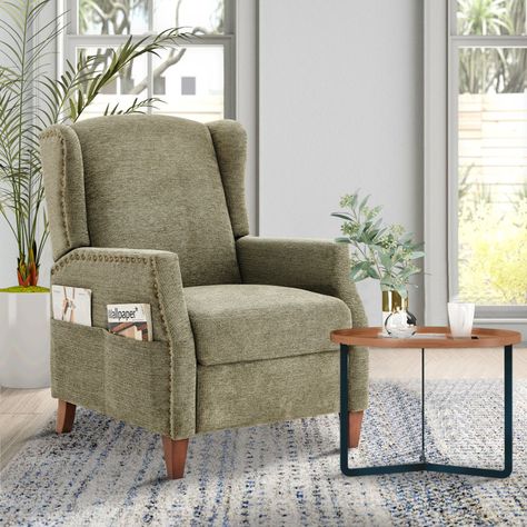 Gracie Oaks Nail-head Upholstered Push Back Recliner With Storage Pocket & Reviews | Wayfair Nursery Recliner, Small Recliners, Modern Recliner, Living Room Furniture Chairs, Upholstered Fabric, Mid Century Modern Style, Gracie Oaks, Recliner Chair, Room Furniture