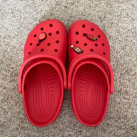 Crocs Red Red Crocs Aesthetic, Red Crocs Outfit, Red Crocs Shoes, Camp Clothes, Designer Crocs, Crocs Collection, Crocs Aesthetic, Rp Outfits, Red Crocs