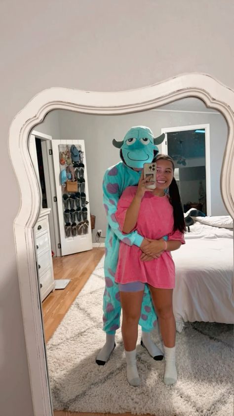 Cute Couple Costumes 2024, Monster Inc Couple Costume, 2 Person Halloween Costumes Cute, Matching Costume Couple, Monsters Inc Couples Costume, Couple Costume Ideas Unique Diy, Couple Halloween Costumes Relationship Goals Easy, Funny Cute Halloween Costumes, Partner Halloween Costumes Couple