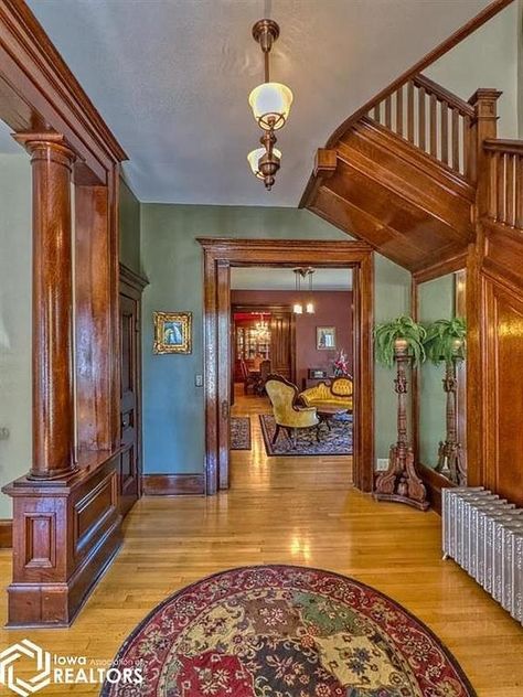 1900 Queen Anne Victorian For Sale in Bloomfield, Iowa - OldHouses.com 1800 House Interior, 1900 House Interior Decor, Queen Anne Victorian House Interior, Queen Anne Victorian House, Elegant Foyer, Separate Toilet Room, Turret Room, Built In China Cabinet, One Car Garage