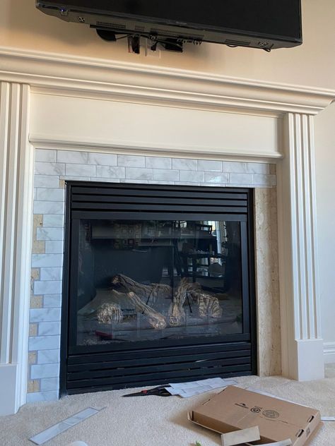 Peel And Stick Fireplace Makeover, Peel And Stick Fireplace, Peel And Stick Tile Fireplace, Tile Fireplace Makeover, Modern Townhome, Apartment 2023, Diy Fireplace Makeover, Clean Fireplace, Tile Fireplace