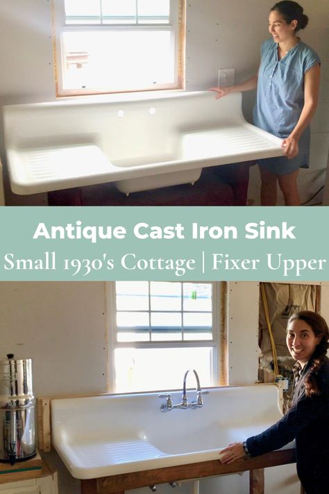 woman standing next to antique cast iron sink Old Porcelain Sink Ideas, Cast Iron Bathroom Sink Vanity, 1930s Farmhouse Kitchen, Old Cast Iron Sink Ideas, Cast Iron Sink Kitchen, Wash Produce, Cast Iron Bathroom Sink, Antique Farmhouse Sink, Replacing Kitchen Sink