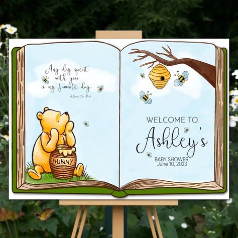 Gender Reveal Signs, Baby Shower Venues, Nursery Book, Winnie The Pooh Baby Shower, Winnie The Pooh Birthday, Classic Winnie The Pooh, Pooh Baby, Baby Shower Inspiration, Shower Welcome Sign