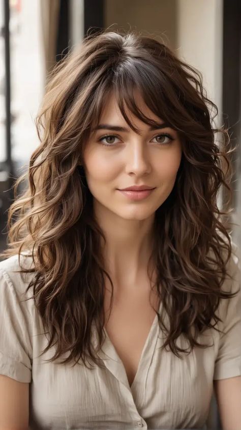 23 Stunning Wavy Hair with Bangs: Styles for Every Face Shape Haïr Cut For Wavy Hair Girl, Wavy Long Hair With Bangs, Wavy Hair Cuts With Bangs, Haïr Cut For Wavy Hair, Wavy Hair With Bangs And Layers, Simple Prom Updos, Haircut For Wavy Hair For Women, Wavy Haircuts With Bangs, Wavy Hair With Fringe