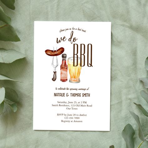 We do BBQ barbecue couples bridal shower invitation template. Simple design with beer glass, sausage and a bottle of hot sauce. Summer Couple Shower Themes, Summer Couples Shower Ideas, Couples Shower Bbq Theme, Jack And Jill Party Ideas Couple Wedding Showers, Bbq Couples Wedding Shower Ideas, Co Ed Bridal Shower Ideas Themed, Co Ed Wedding Shower Ideas Themes, Bbq Bridal Shower Ideas, I Do Bbq Ideas