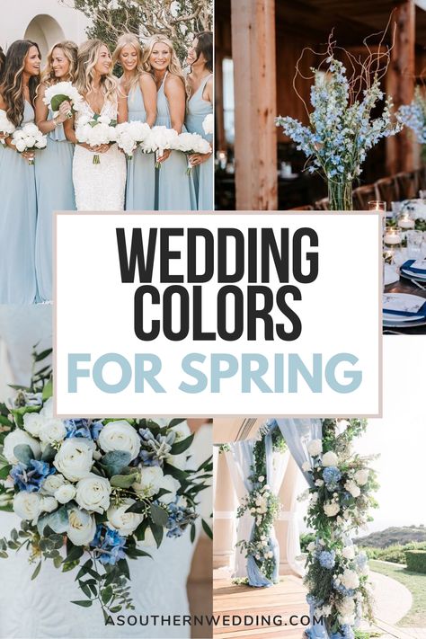 Plan a gorgeous spring wedding with these stunning spring wedding color ideas! #springwedding #springweddingcolors #springweddingcolorpalette #colorsspringwedding #colorsforspringwedding #peachwedding #bluewedding #neutralwedding #neutralweddingcolors #springcolorsweddingideas #weddingcolorideas April Wedding Theme Ideas, April Wedding Palette, Windsor Blue Wedding, Spring Wedding Ideas Colors Bridesmaid Dresses, Periwinkle Blue Wedding Theme, Wedding Color Schemes For May, Spring Dusty Blue Wedding, Wedding Blue Green Color Schemes, Summer Wedding Pastel Colors