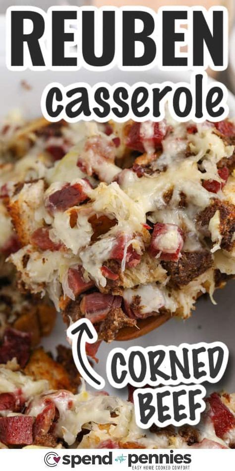 You'll love this Reuben casserole! It always ends up being a hit with the family. Making it is a breeze! Toss corned beef, tangy sauerkraut, and yummy rye bread cubes in a fast, creamy Swiss cheese sauce. Skip the grilled sandwich fuss—just stack it in a dish for a speedy oven-to-table dinner! #spendwithpennies #reubencasserole #homemadereubencasserole #reubencasserolerecipe Keto Thousand Island Dressing, Swiss Cheese Sauce, Corned Beef Recipes Crock Pot, Corned Beef Leftovers, Reuben Casserole, Neuer Wallpaper, Best Paleo Recipes, Healthy Beef Recipes, Corned Beef Brisket