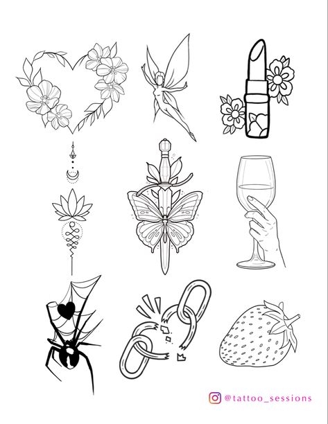 Tattoo flash sheet cool art design Fairy Tattoo Flash Sheet, Cute Tattoo Template, Floral Tattoo Flash Sheet, Beginner Flash Sheet, Linework Flash Tattoo, Fall Tattoo Flash Sheet, Summer Flash Sheet, Flash Sale Tattoo Ideas, Free Flash Tattoo