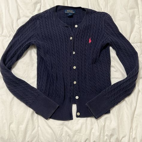 Nwot Navy Blue Cable Knit Sweater Cardigan Button Up And Hot Pink Polo Logo By Polo Ralph Lauren. True To Size For Kids Size M (8-10). Can Possibly Fit Up To 11 12 Years Old If Your Kid Has A Smaller Frame. Super Cute For Autumn And Winter. Also Have A Yellow And Pink One If Interested In Different Options/Bundling. Ralph Lauren Cable Knit Cardigan, Ralph Lauren Button Up, Navy Cardigan Outfit, Ralph Lauren Clothes, Ralph Lauren Knit Sweater, Pinterest Clothes, Thrift Wishlist, Royal Blue Cardigan, Blue Cable Knit Sweater