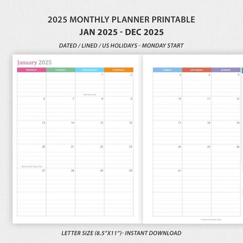 2025 Monthly Planner Calendar | Lined and Dated Printable 2025 Planner Template, Two Page Monthly Planner Printable Free, 2 Page Monthly Calendar Printable Free, 2025 Planner Printable, Free Printable Monthly Planner, Monthly Tasks, A5 Planner Printables, Free Printable Calendar Templates, Advent Calendar Activities