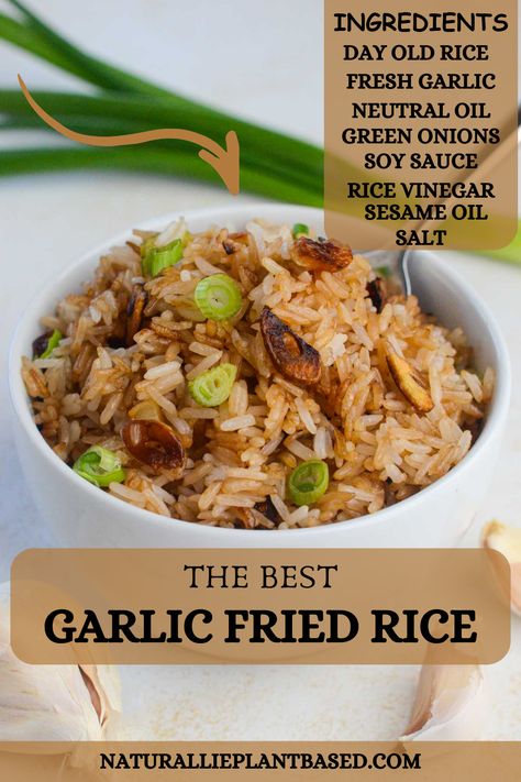 Garlic Fried Rice: Crispy, Flavorful, & Easy! Craving delicious comfort food? This garlic fried rice is the answer! Made with simple ingredients and bursting with garlicky goodness, it's perfect for a quick weeknight meal. Plus, it's easily customizable - add your favorite protein for a complete dish! Vegan Garlic Fried Rice, Rice And Bean Lunch Bowls, Meal Prep White Rice, Fried Garlic Rice, Fried Brown Rice Recipes, Miso Fried Rice, Burnt Garlic Fried Rice Recipe, Healthy Rice Dishes, Authentic Fried Rice