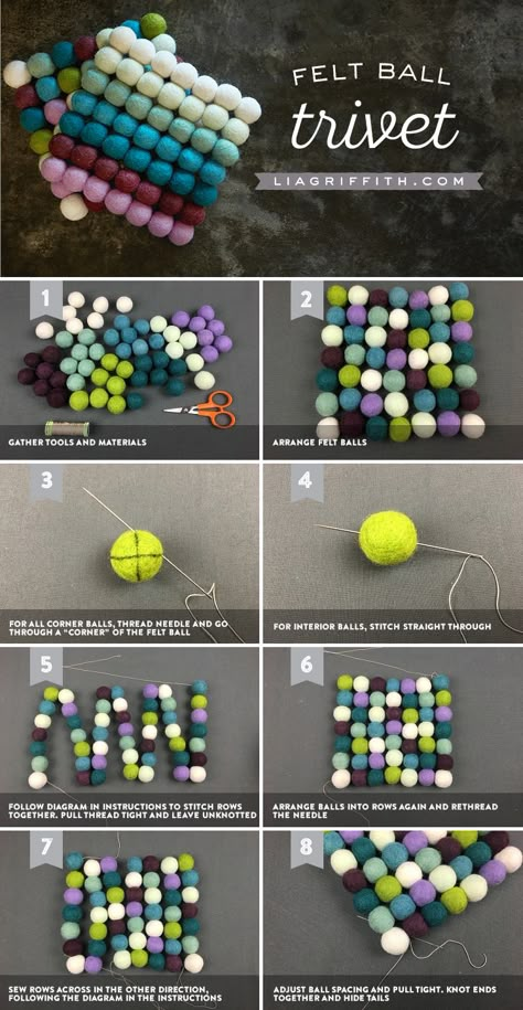 feltballtrivet_tutorial Felt Trivet, Felt Ball Crafts, Diy Tapis, Trivets Diy, Tovad Ull, Felt Wool Ball, Felt Ball Rug, Diy Wool, Felt Coasters