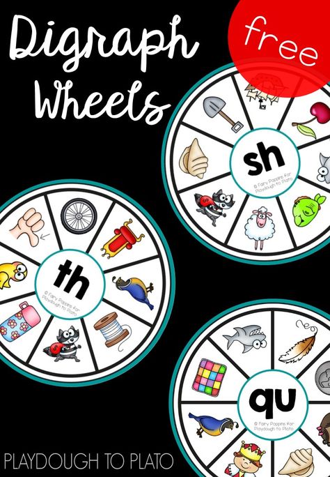 Free digraph wheels! Fun literacy center or word work activity for kindergarten or first grade. Digraph Games, Digraphs Activities, Activity For Kindergarten, Playdough To Plato, Kindergarten Lesson Plans, Word Work Activities, Jolly Phonics, Kindergarten Lessons, Literacy Center