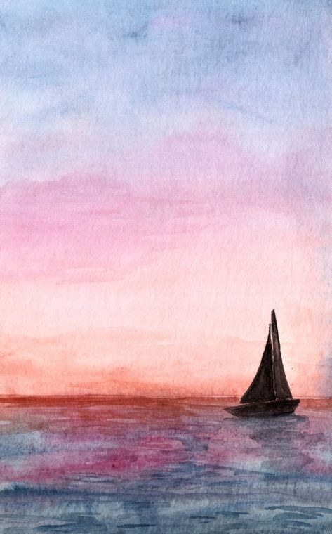 Watercolor Silhouette Painting, Boat Silhouette, Painting Sunrise, Watercolor Silhouette, Watercolor Boat, Sunset Watercolor, Watercolor Art Landscape, Silhouette Painting, Sailboat Painting