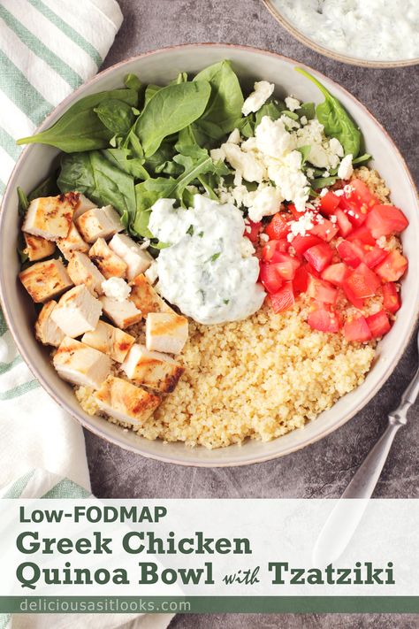 Low FODMAP Greek Chicken Quinoa Bowl - Delicious as it Looks Low Fodmap Mediterranean Diet, Low Carb Low Fodmap, Low Fodmap Beans, Low Fodmap Trader Joes, Low Fodmap Mediterranean Recipes, Lowfod Map, Low Fodmap Meals, Chicken Quinoa Bowl, Crohns Diet