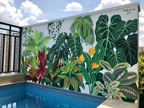 Succulent Wall Mural, Green Mural Painting, Botanical Wall Painting, Mural Art Outdoor, Summer Mural Ideas, Sunroom Mural, Botanical Mural Painting, Greenery Mural, Outdoor Murals Backyards