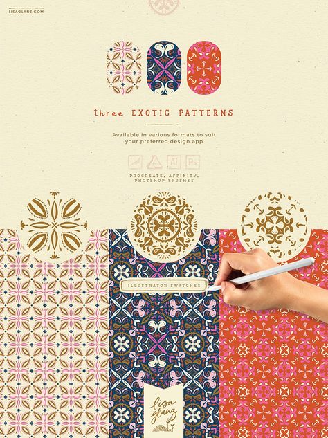 Free Pattern Brushes for Procreate and other apps - Lisa Glanz Adobe Illustrator Pattern, Motif Arabesque, William Morris Designs, Brushes For Procreate, Motif Batik, Batik Design, Batik Pattern, Paper Patterns, Textile Pattern Design