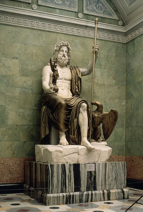 Statue of Jupiter. Marble. Late 1st century CE. Drapery, scepter, Eagle and Victory are made of painted plaster in the 19th cent. Inv. No. A 362. Saint Petersburg, The State Hermitage Museum Statue Of Zeus, Zeus Statue, State Hermitage Museum, Classic Sculpture, Grece Antique, Roman Sculpture, Hermitage Museum, Greek History, Greek And Roman Mythology