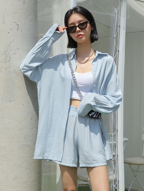 Summer Korean Outfits, Blue Summer Outfits, Korean Summer Outfits, Outfit Korean Style, Korean Summer, Korean Fashion Summer, Clothes Korean Style, Shorts Outfits Women, Korean Casual Outfits