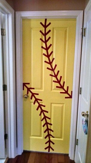 Painted my daughters door to her room #softball #fastpitch Softball Ideas Crafts, Softball Themed Bedroom, Softball Room Ideas, Softball Bedroom Ideas, Softball Bedroom Decor, Girls Softball Room, Softball Room Decor, Softball Art, Softball Bedroom