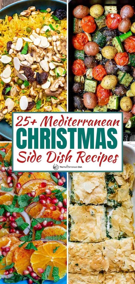 25 + Mediterranean side dishes your guests will love! Don't forget to check out my Christmas brunch menu! Mediterranean Side Dishes, Mediterranean Christmas, Healthy Christmas Dinner, Greek Side Dishes, Christmas Brunch Menu, Small Plates Recipes, Christmas Side Dish, Christmas Side Dish Recipes, Mediterranean Holiday