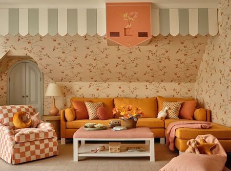 chauncey boothby larchmont playroom Large Playroom, Orange Sectional, Whimsical Playroom, Kids Bedroom Inspiration, Whimsical Home, Old Room, Girl’s Room, Pink Pillows, Big Girl Rooms